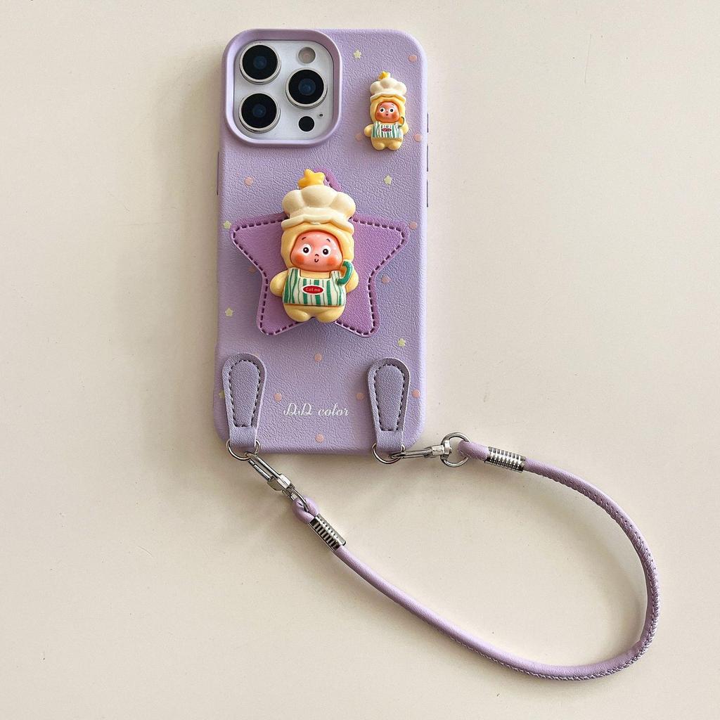 Tecknad Stjärnman iPhone-skal: Kompatibel med iPhone 13-16, Konstläder, Fallsäker, Snodd ingår, Passar Apple 17 Pro