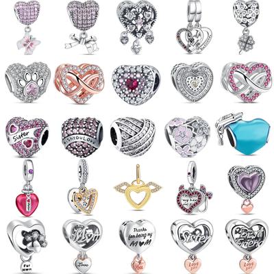 Nuovo ciondolo a forma di cuore rosa in argento S925 con impronta di zampa di mamma, quattro foglie di erba, perline lucide, adatto per braccialetti con ciondoli originali fai da te, gioielli raffinati