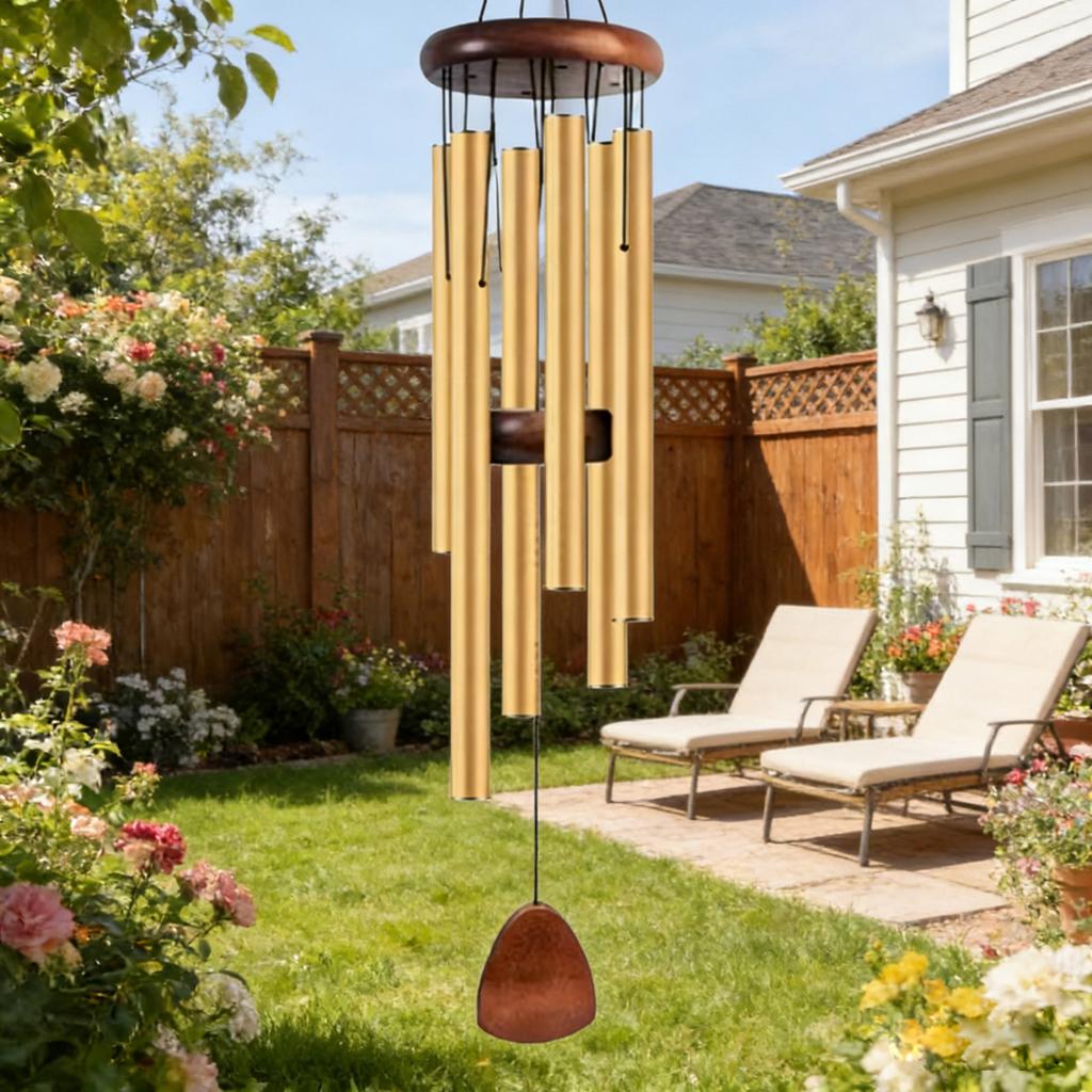 Six Tube Vintage Aluminum Wind Chime Outdoor Hanging Decoration with Natural Wood Top and Leaf Shaped Wind Catcher for Garden Patio Porch
