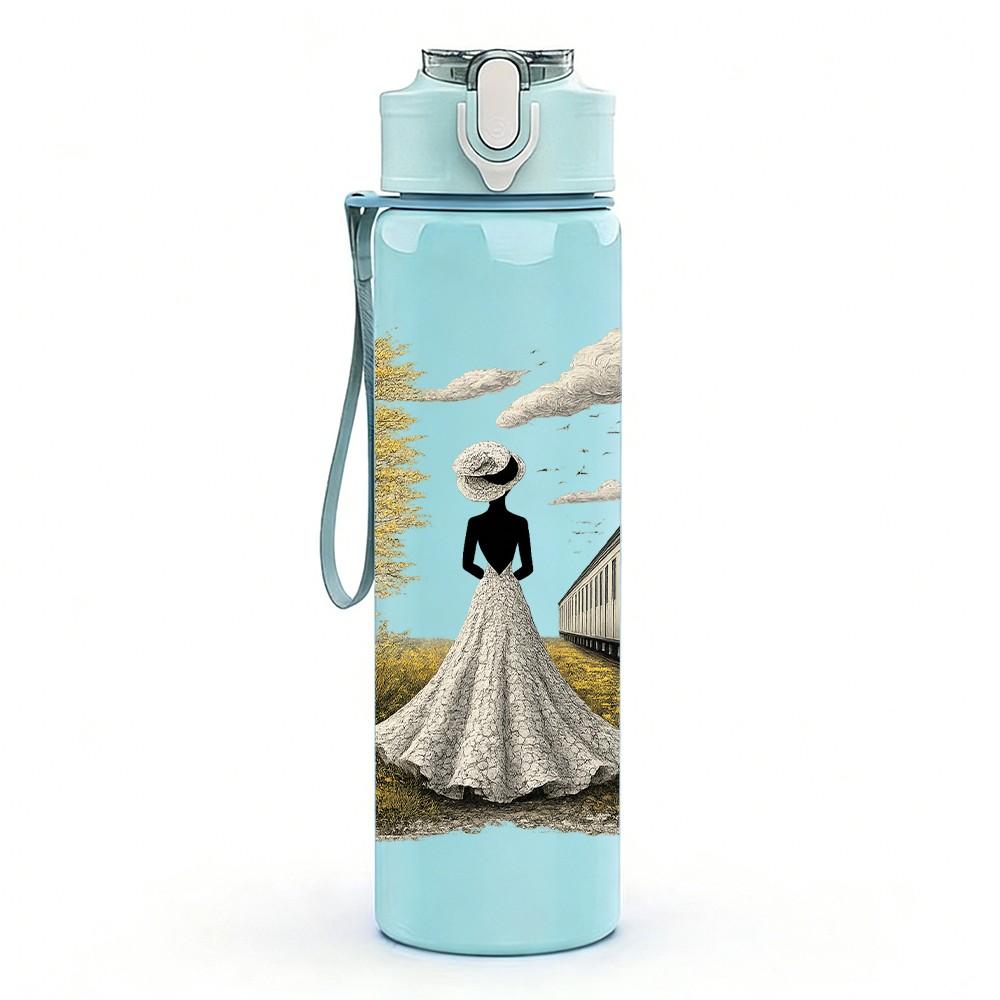 1PC Bride Girl Under Tree Train Scene Print 750ml Color Plastic Sports Water Bottle Leakproof Flip Straw Lid Suitable for Sports Office Home Use