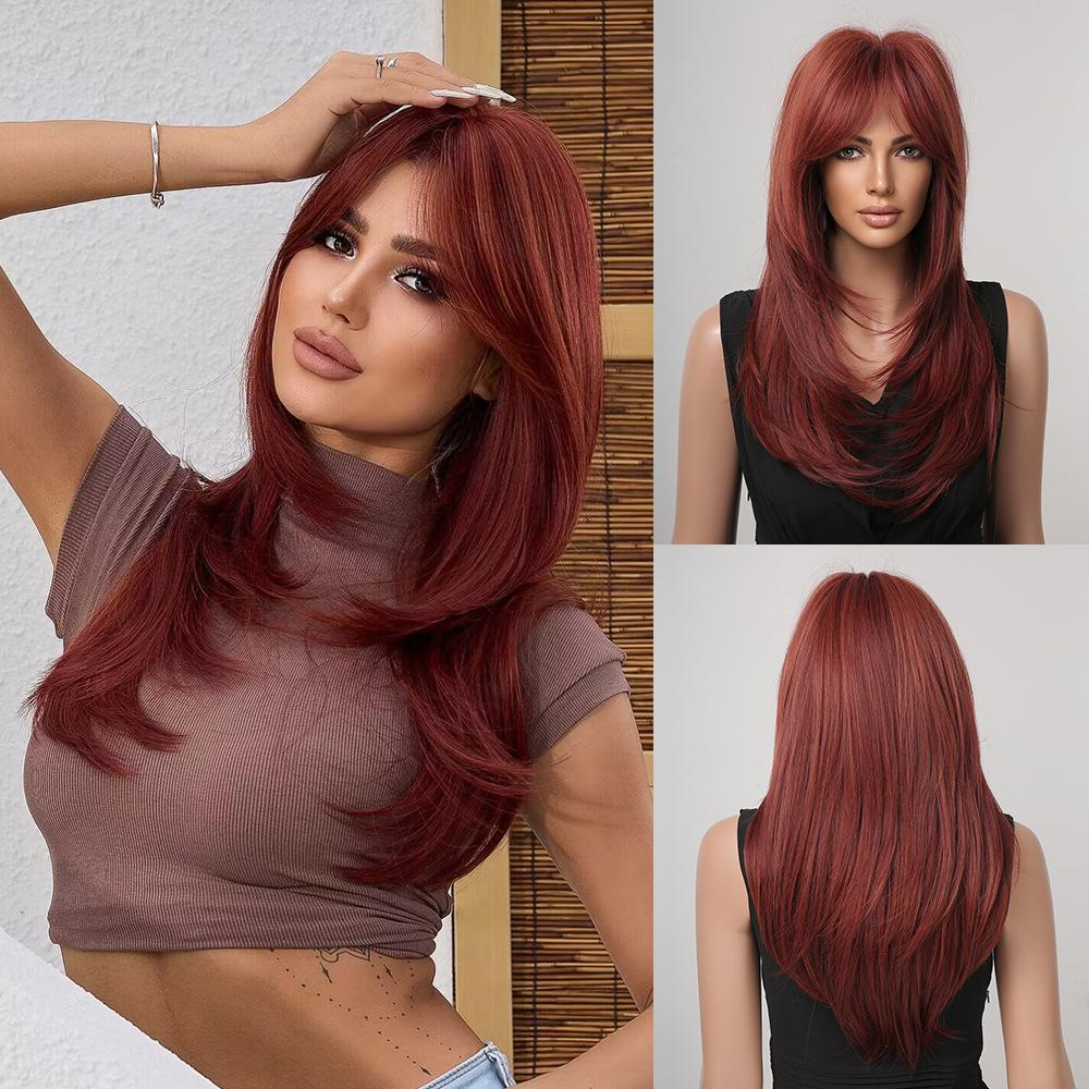 

New Full Head Cosplay Punk Style Pink Gradual Change Dark Brown Cosplay Qi Bangs Long Straight Hair, Wig 1#