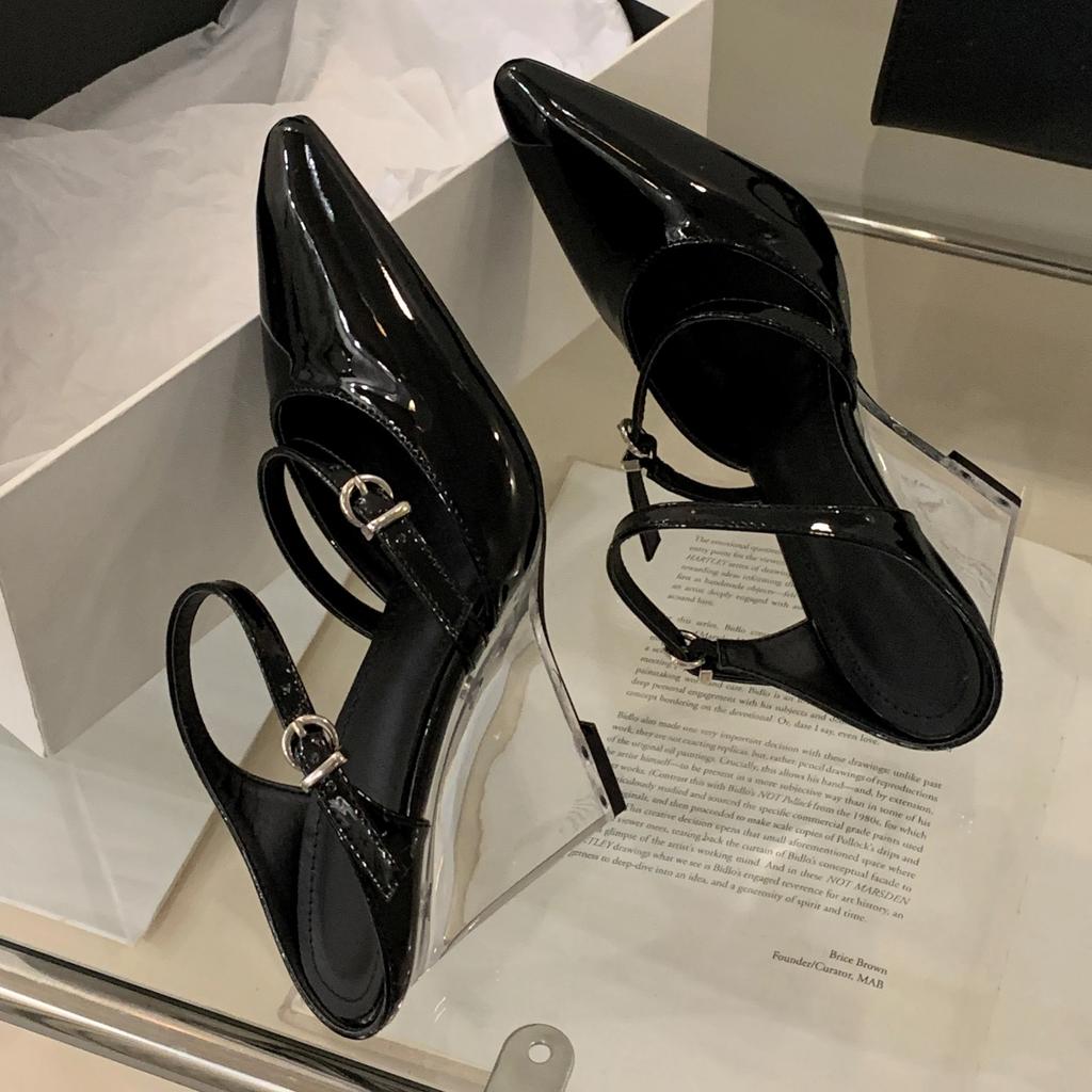 Fashion Designer Buckle Strap Women Slippers Pointed Toe Crystal Wedges Heels Mules Slippers Banquet Party Shoes