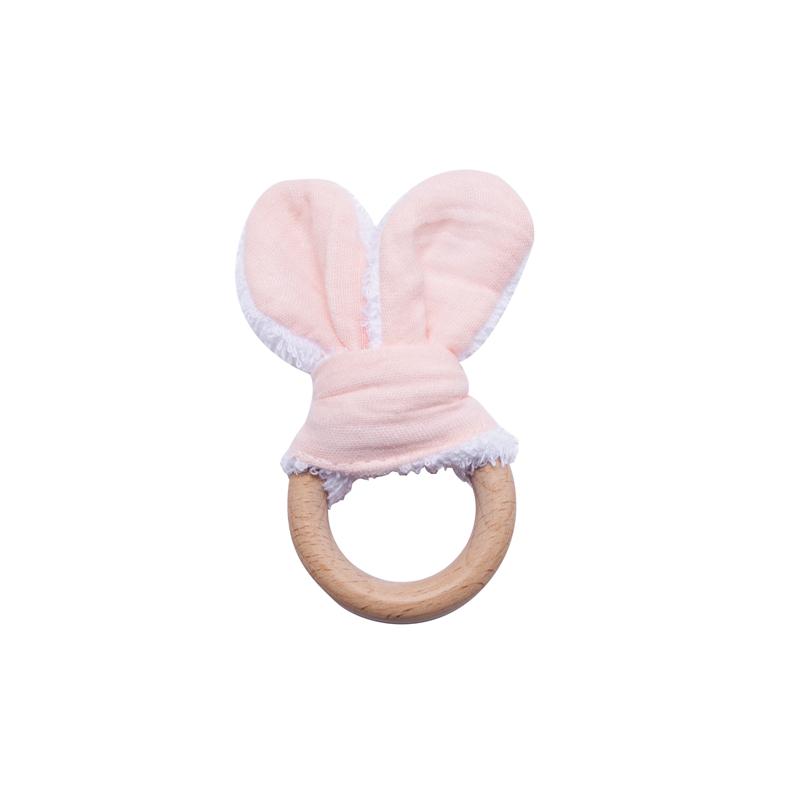 100% Cotton Baby Bunny Ear Teether Rabbit Beech Wooden Rattle Teether Safe Organic Wooden Ring Nursing Training Teethers Toy