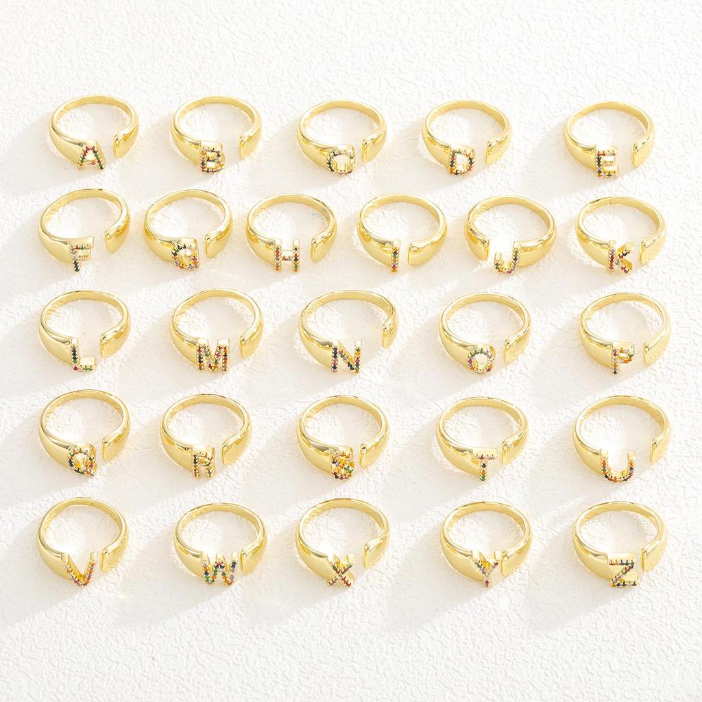 Fashionable Colorful Zircon Alphabet Adjustable Retro Ring