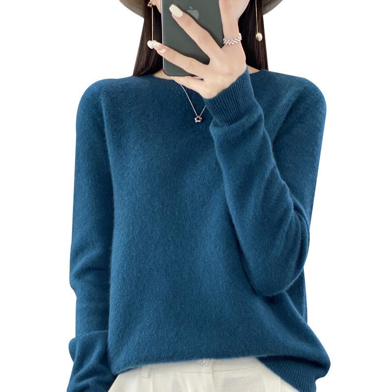 Women's Round Neck Wool Knit Sweater - Simple, Versatile, Long Sleeve Base Layer