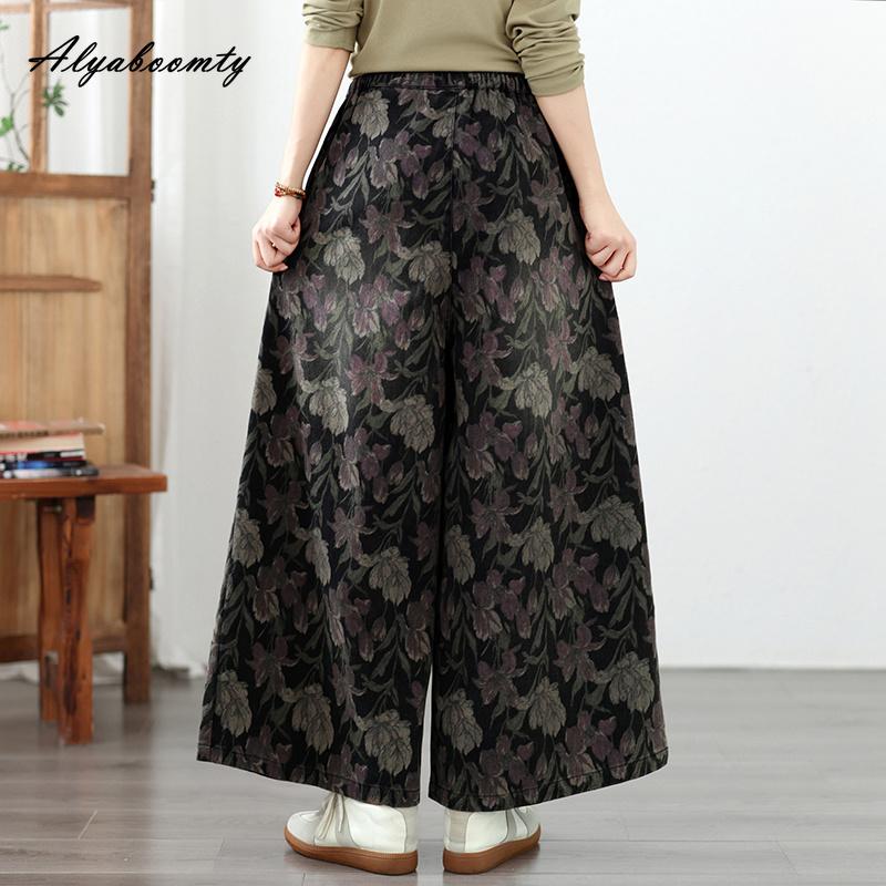 Large Size Autumn Spring Women Straight Jeans High Waist Floral Print Black Denim Trousers Retro Classical Oversized Ladies' Jeans