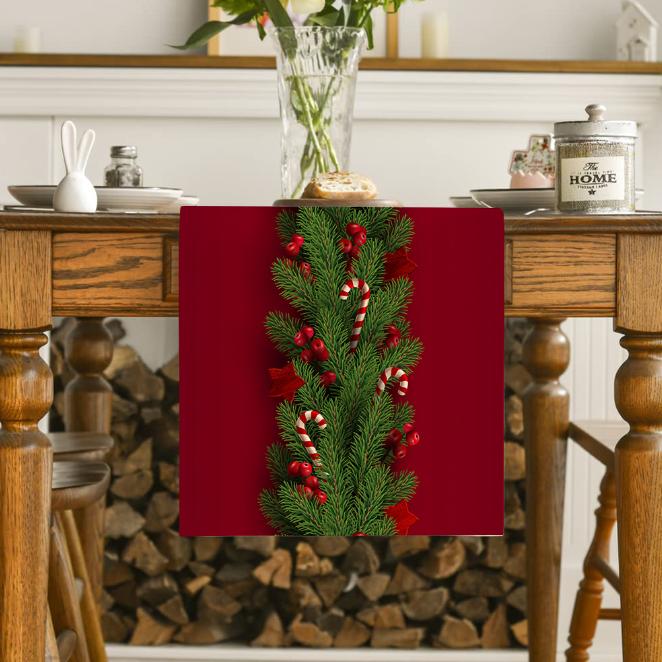 Linen Christmas Table Flag with Snowman & Santa Prints - Festive Table Mat Decorations