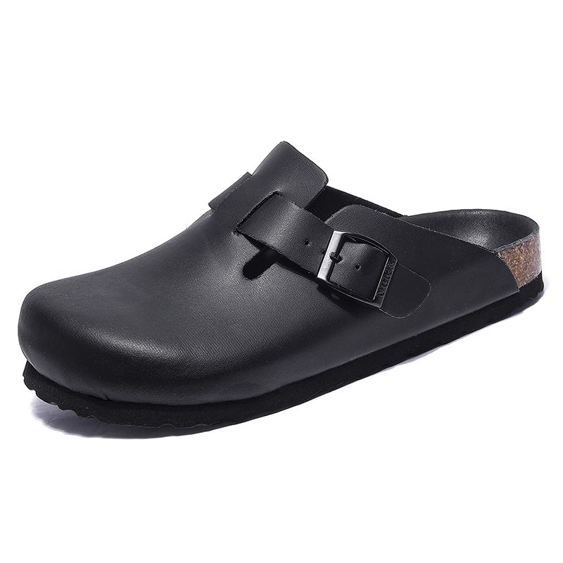 Unisex Leder Clogs Marinefarben Korkfußbett Sandalen mit Verstellbarer Schnalle Geschlossene Zehen Komfort Slides für Herren Damen 10 Farben