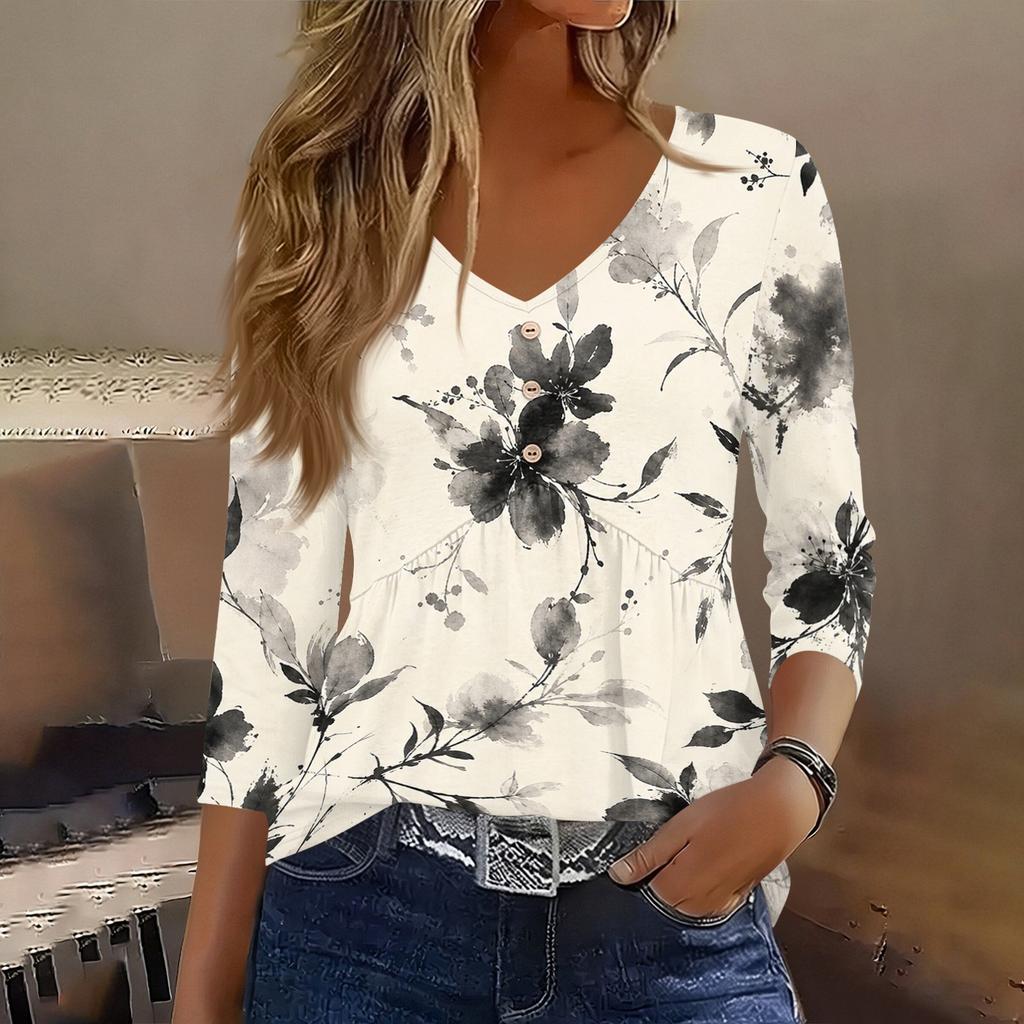 Womens 3/4 Sleeve V Neck Button Detail Floral Print Tunic Top Casual Loose Fit Lightweight Blouse