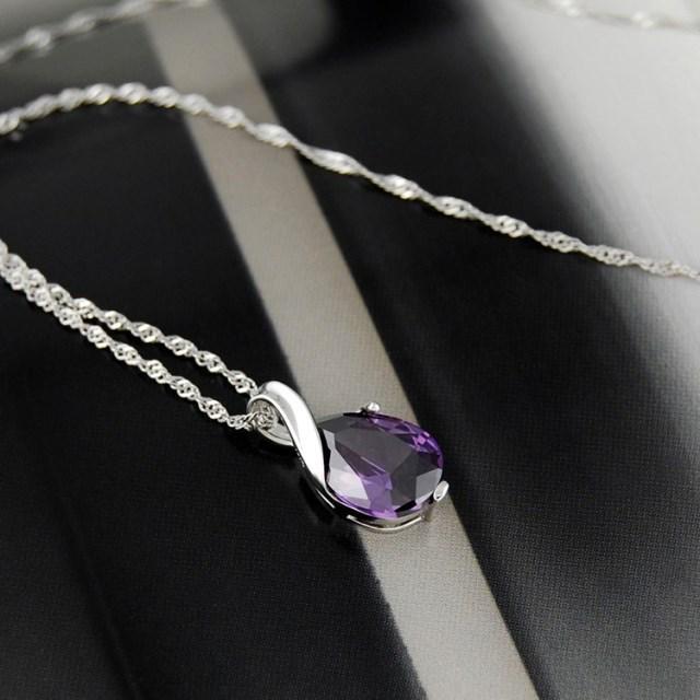 Heartfelt Korean Women's White Gold Necklace with Amethyst Twist Pendant