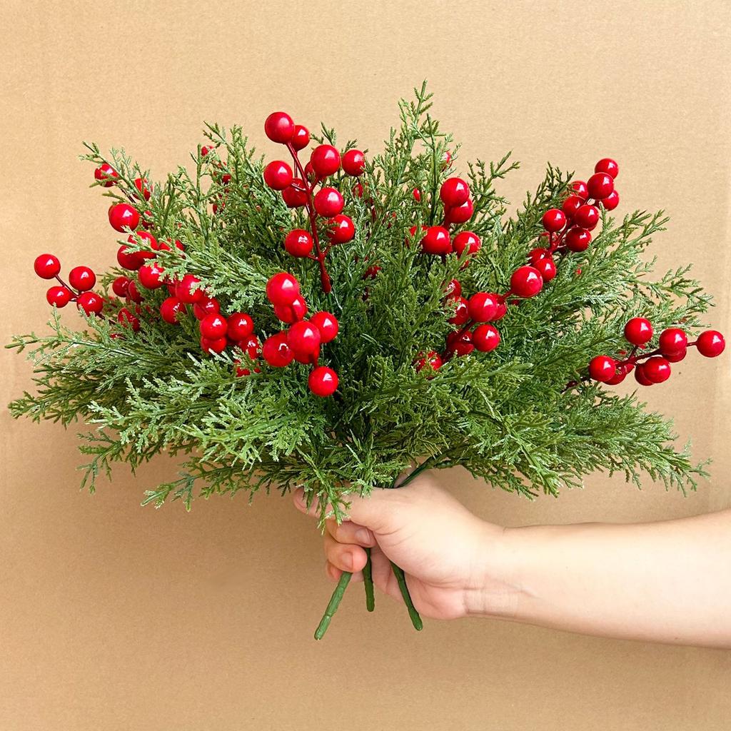 Artificial Christmas Flowers With Red Berry Stems, Fake Norfolk Garland Branches For Winter Decor, Faux Christmas Garland Tree Picks And DIY Crafts