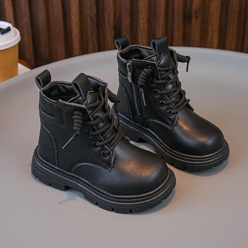 Girls Short Leather Boots Side Zipper Non-slip Kids Thick Warm Plush Fur Boots Children Fashion Boots Anti-Slippery Winter New