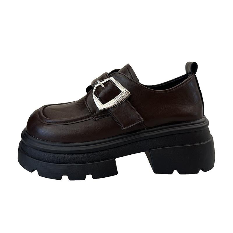 Black platform heightening loafers women's 2025 summer new British style single shoes French with skirt jk small leather shoes