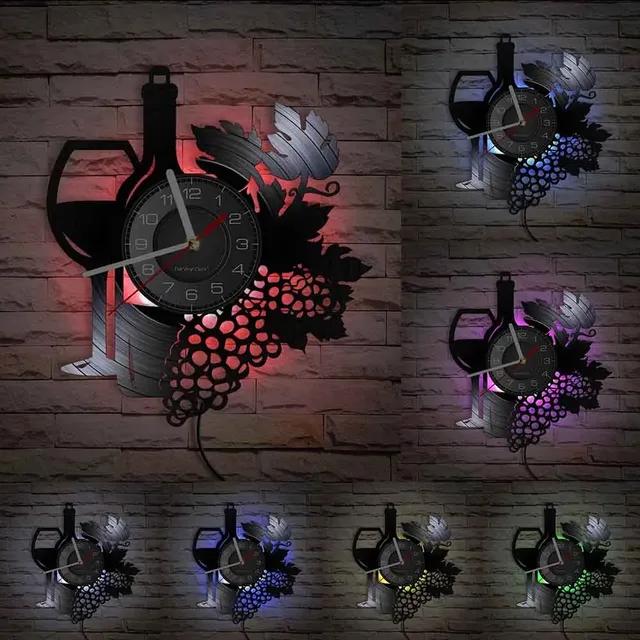 

Бутылка вина с бокалом для вина Виноградная гроздь Виниловая пластинка Настенные часы Домашний бар Винный завод Декор Кухня Натюрморт Виниловый альбом Часы чёрный