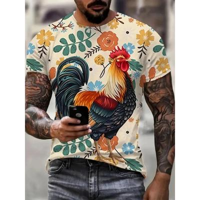 Summer Round Neck Colorful Rooster Graphic 3D Print Top Fashionable Casual Short Sleeved Men's T-shirts