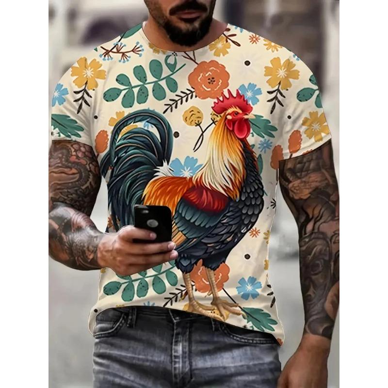 Summer Round Neck Colorful Rooster Graphic 3D Print Top Fashionable Casual Short Sleeved Men's T-shirts