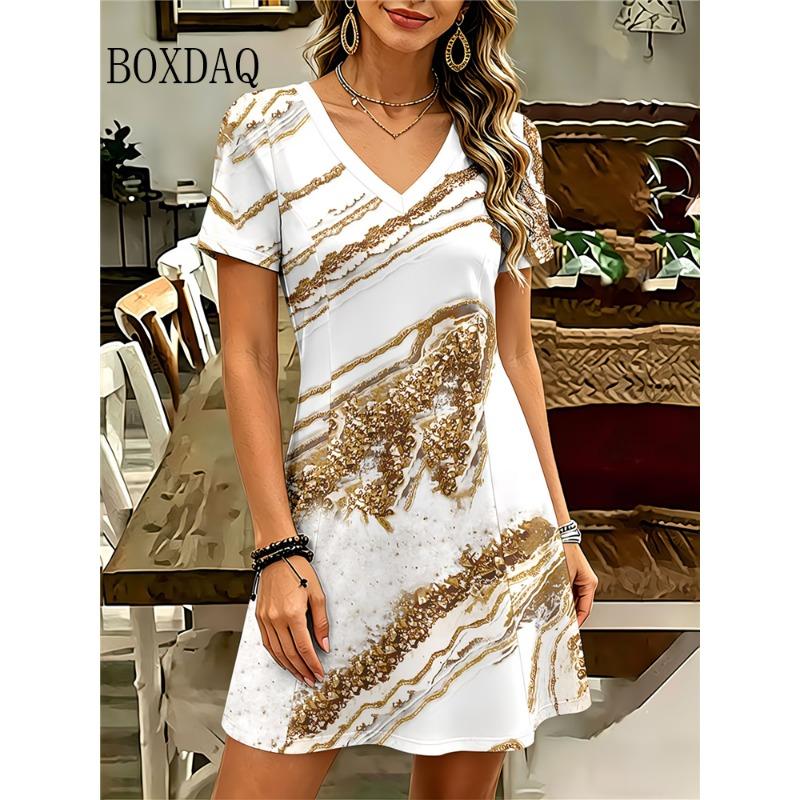 New Casual Flowers Printing Short Sleeve Dress Women's Fashion Plus Size Summer Retro Women's V-Neck Loose Dress