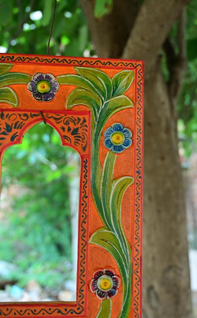Hand Carved Vibrant Orange Wooden Jharokha Wall Decor: Painted Flower Design Indian Frame