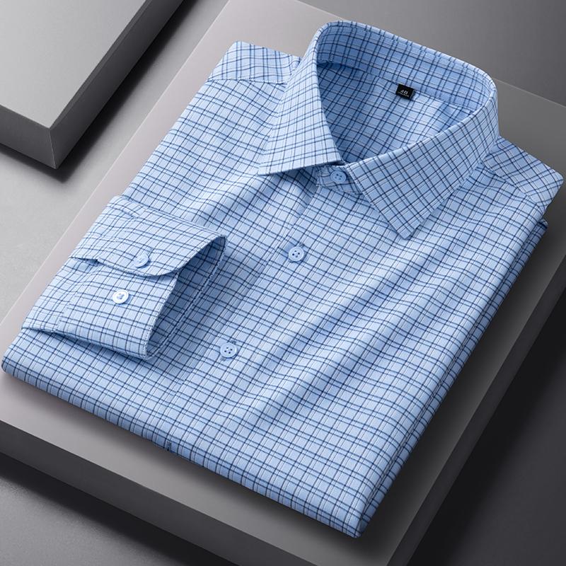 New in Shirt Luxury Houndstooth Long Sleeve Shirts for Men Slim Fit Casual Elastic Tops Soft Anti-Wrinkle Plaid Clothes