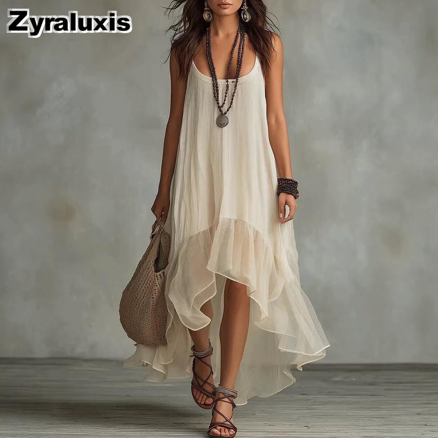 New Lazy Bohemian Vacation Solid Ruffle Sundress for Women