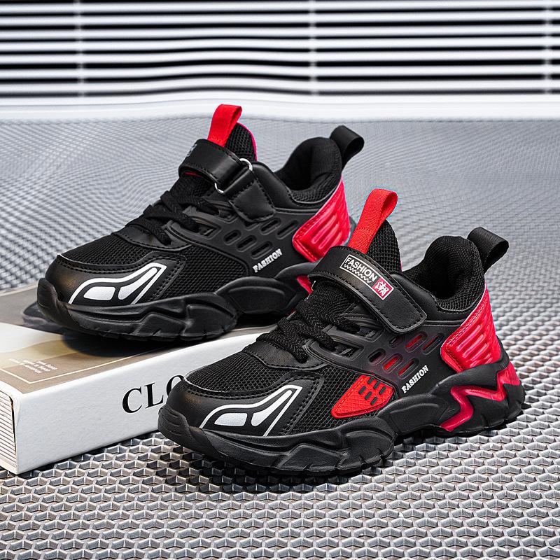 Children's Sports Shoes 2025 New Spring and Autumn Running Shoes Double Mesh Leather Surface Breathable Middle and Older Children's Fashion Velcro N