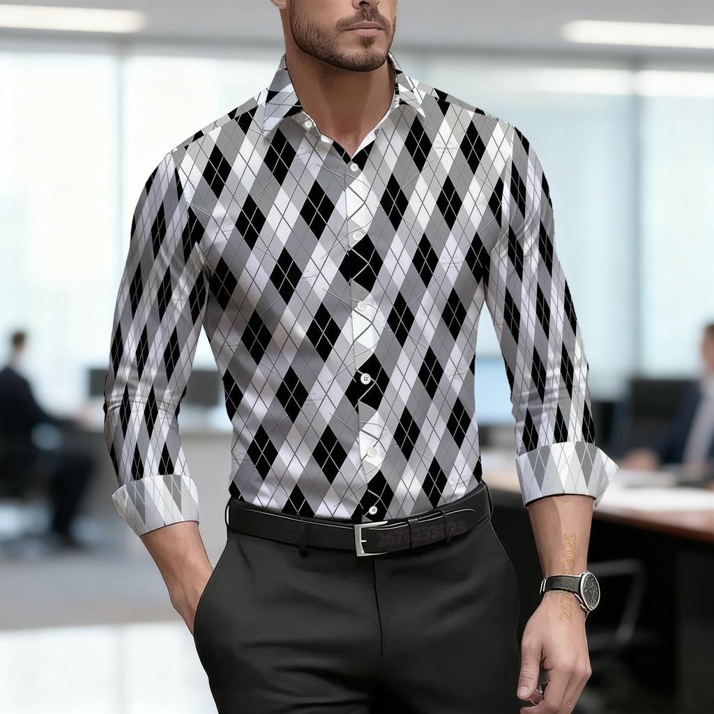 Men's Shirt with Diamond Grid Pattern, Personalized Contrasting Color Design, Versatile Street Style, Trendy Men's Clothing