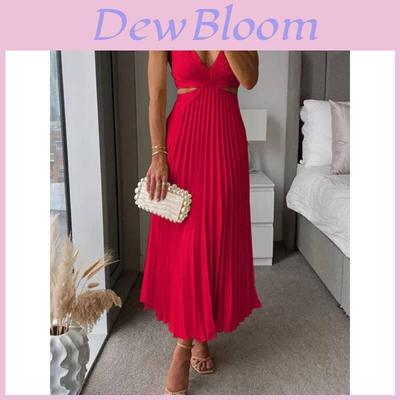 Elegant Summer Sleeveless Vneck Pleated Backless Maxi Dress For Women