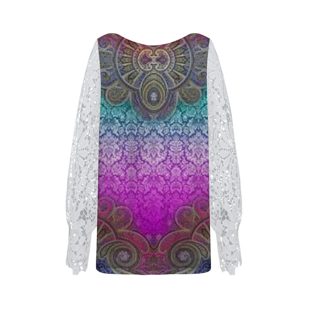 Women's T-shirt Printed Lace Sleeve Printed Top