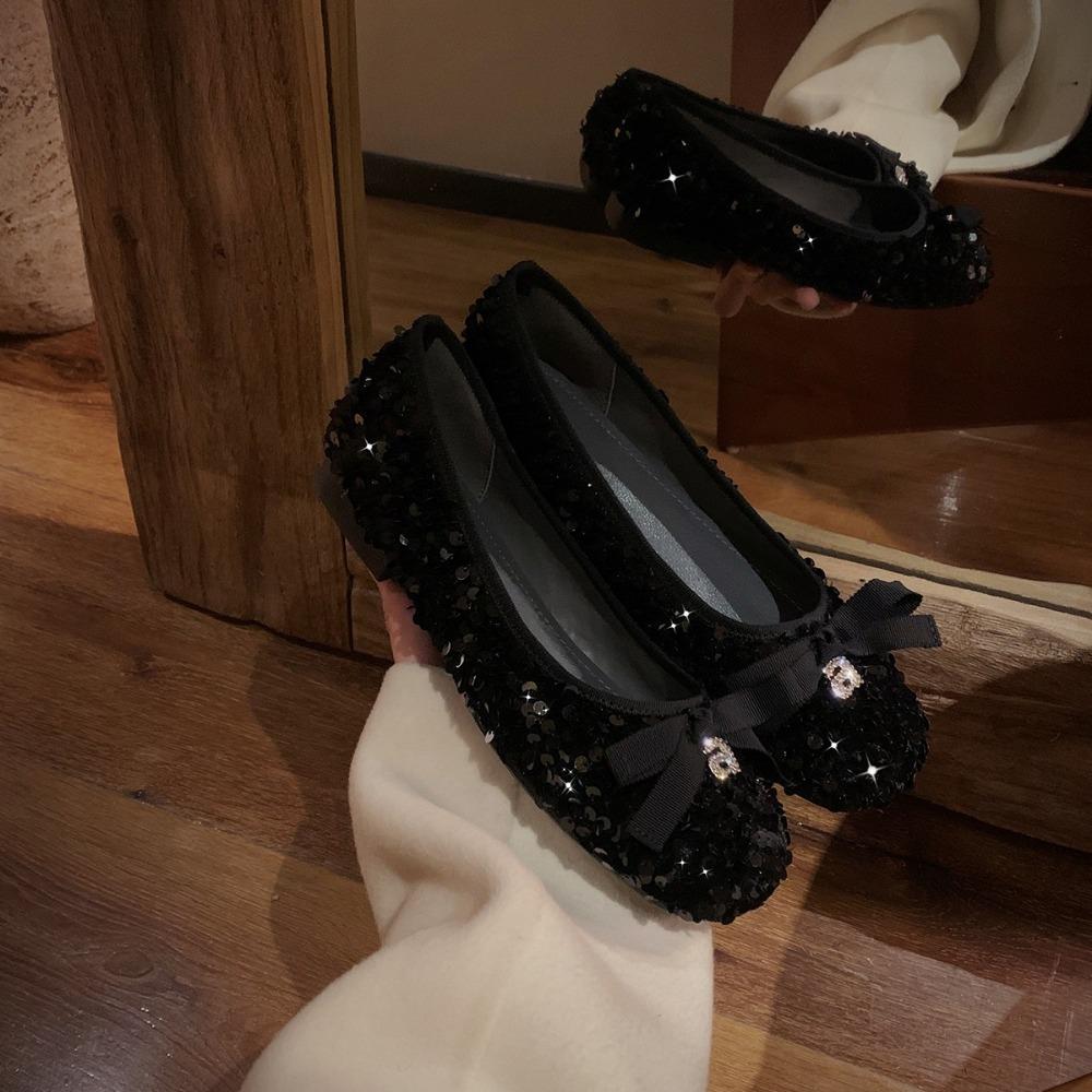 Fashion Women Flat Shoes Shallow Mouth Sparkling Sequin Bow Flat Shoes Temperament Single Shoe Women Flats Womens Shoes Fashion