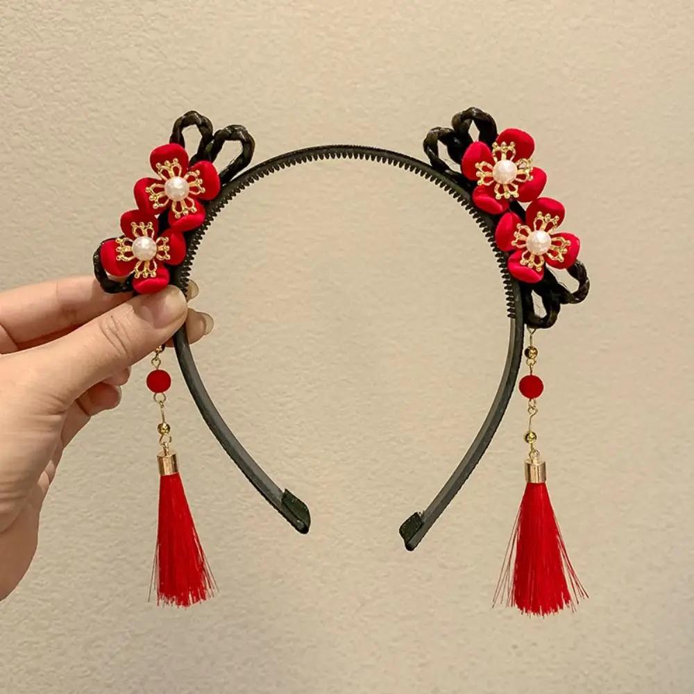 Flower Children Wig Headband Braid Hair Tang Suit Hair Hoop Chinese New Year Headwear Ancient Style Tassel Red Bow Hairband Baby