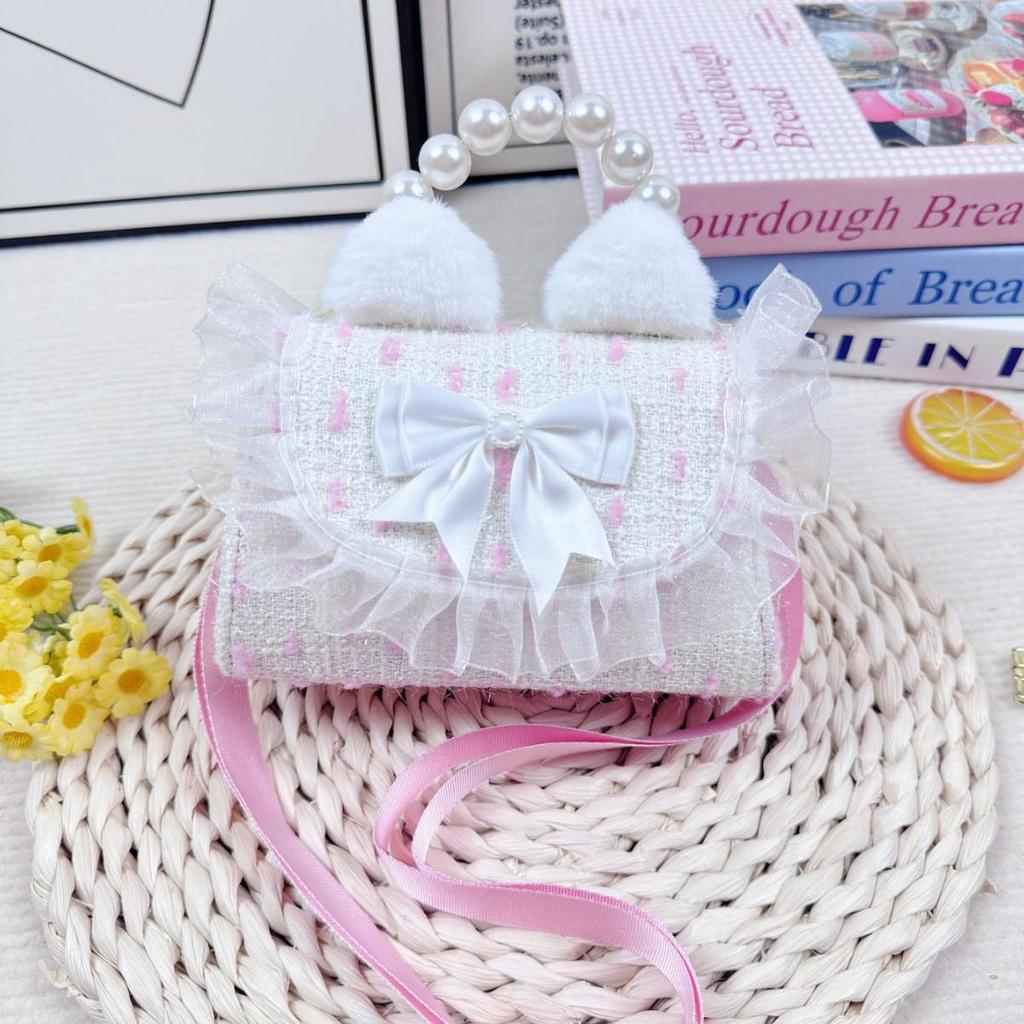 Cute Butterfly Crossbody Bag with Pearl Accent and Plush Rabbit Ears for Little Girls