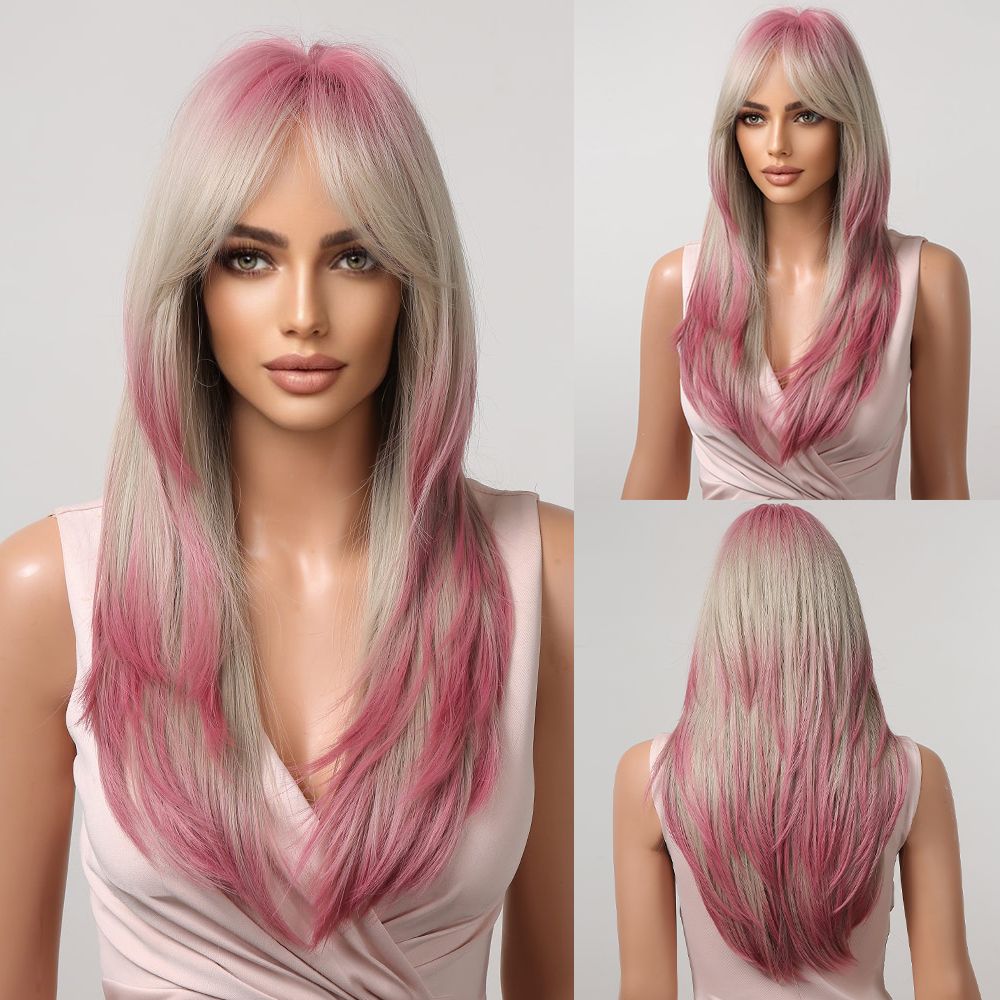 HAIRCUBE Long Straight Brown Synthetic Wigs for Women Natural Hair Dark Roots Wigs With Bangs Daily Party Heat Resistant Wigs