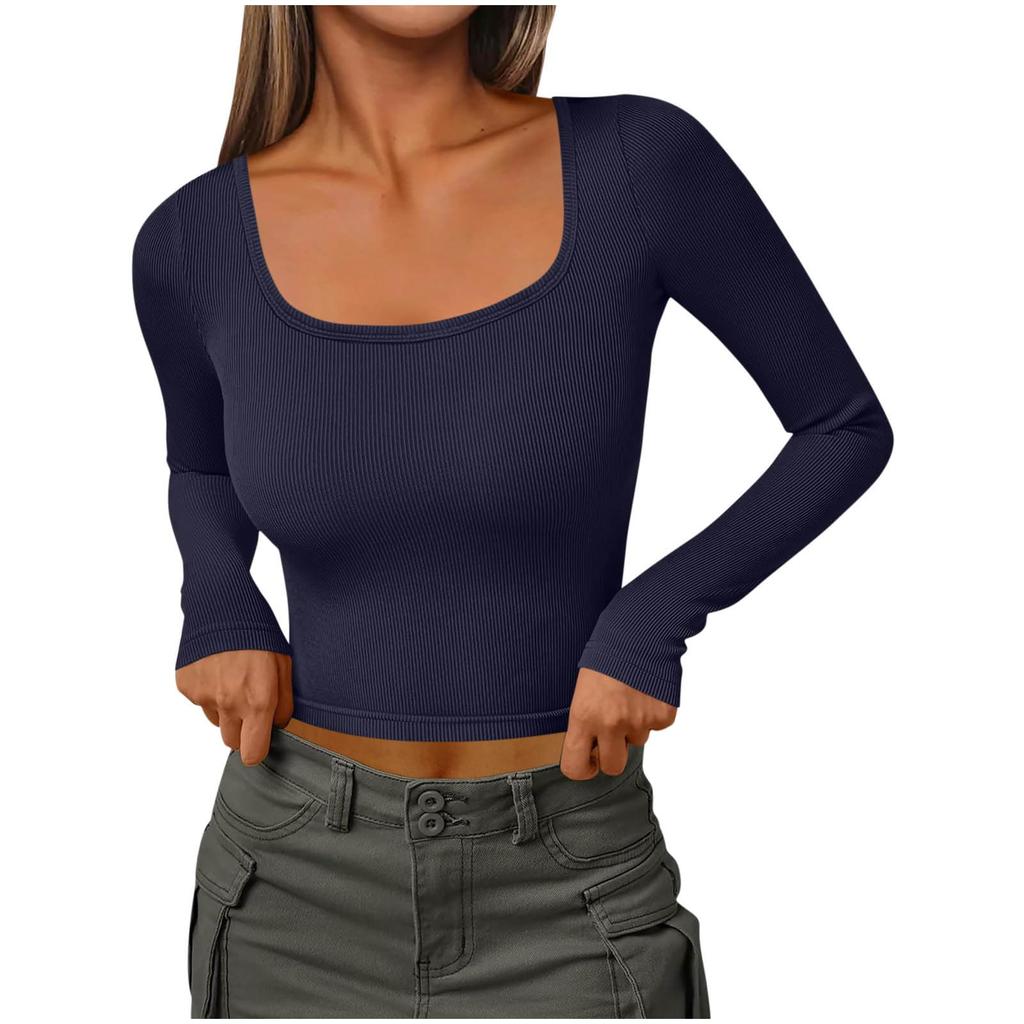 Women's Fashionable Color Thread Slim Fit U-neck Long Sleeved Shirt With Sexy Short Fitting Inside
