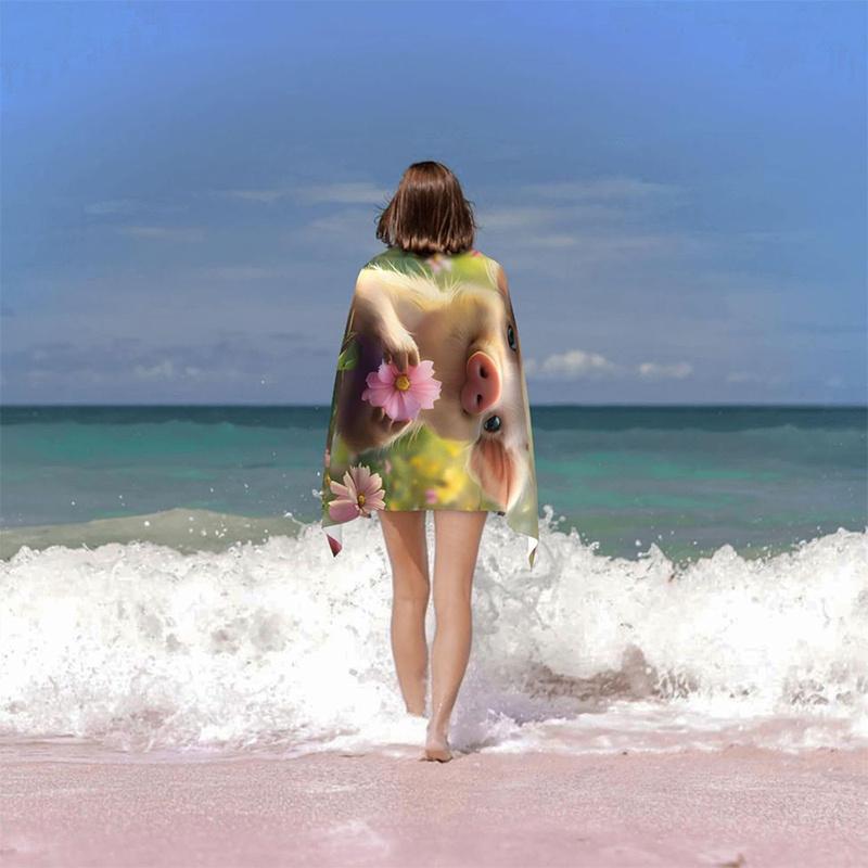 Beach Towel Cute Pig and Flower Pattern Sun Protection Windproof Suitable for Swimming Pool Camping Travel Blanket
