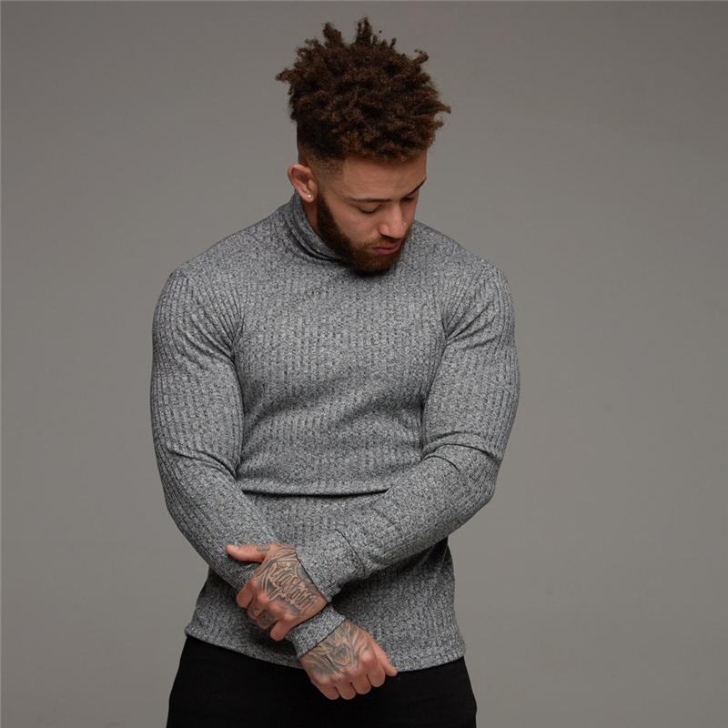 Muscleguys Autumn Ribbed Knit Roll Neck Jumper Mens Running T-shirts Thin Knitted Sports Sweaters Strip Slim Gym Fitness Pullover T Shirts
