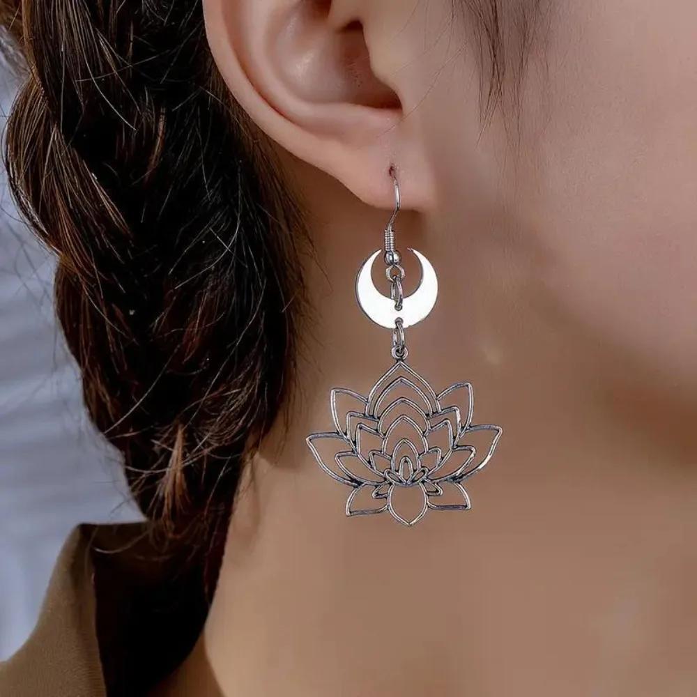 Bohemia Retro Silver Color Hollowed-out Lotus Flower Crescent Moon Dangle Earrings for Women Charm Stainless Steel Jewelry Gifts