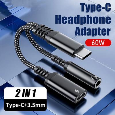 Adaptateur 2en1 1en1 USB Type C vers Jack Audio Aux 3,5mm pour Casque Câble de Charge Rapide PD 60W pour iPhone 15 Samsung Xiaomi