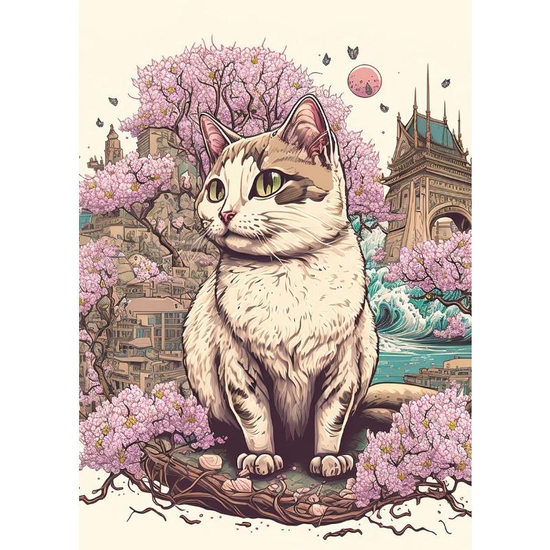 Japan Pop Art Cat Nature Cherry Blossom Landscape Canvas Poster Colorful Aesthetics Home Wall Cartoon Decor Bedroom Cafe Picture