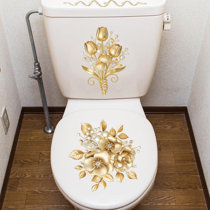 2 Sheets Bathroom Wall Background Decal Gold Flower Pearl Waterproof Toilt Sticker Home Decoration Self-Adhesive Posters