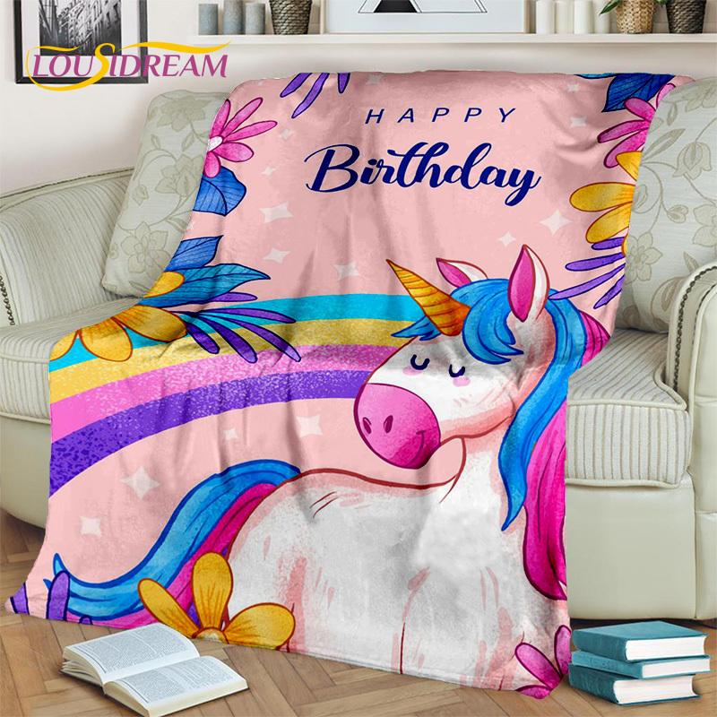 Cobertor de presente de aniversário de menina unicórnio fofo de desenho animado 3D, cobertor macio para casa, quarto, cama, sofá, piquenique, capa de viagem, cobertor para crianças
