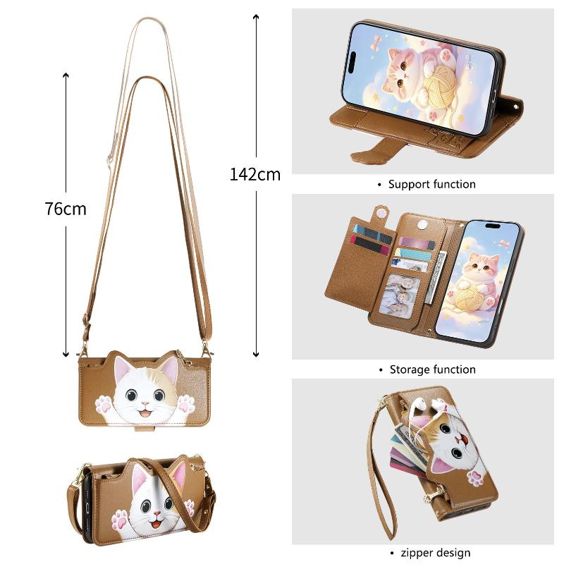 Cute Cat Leather Zipper Crossbody Flip Wallet Card Slots Phone Case For iPhone 17 16 15 14 13 12 11 Pro Max Plus 17E 16E 17Air