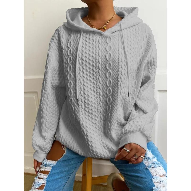 Women's Casual Top, Solid Color Textured Long Sleeve Drawstring Loungewear Hoodie