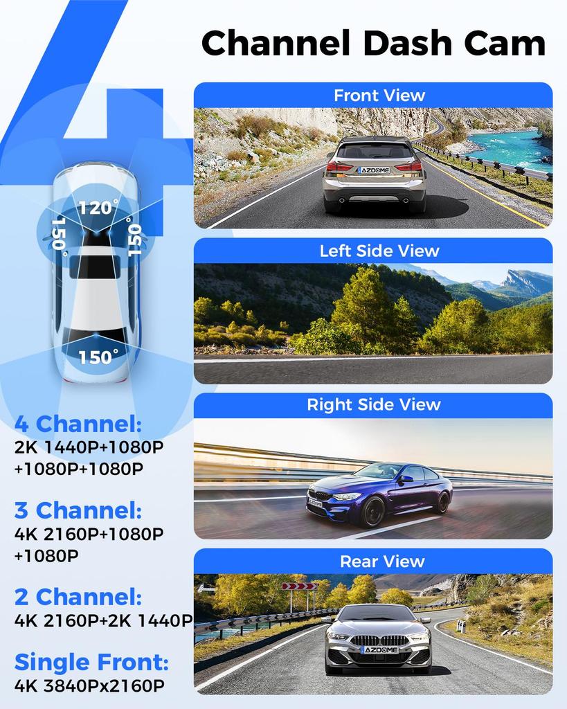 AZDOME 4 kamera Dash Cam 360 graders visning DVR med 128 GB EMMC, 4K foran bak innvendig med GPS WiFi, parkeringsmonitor