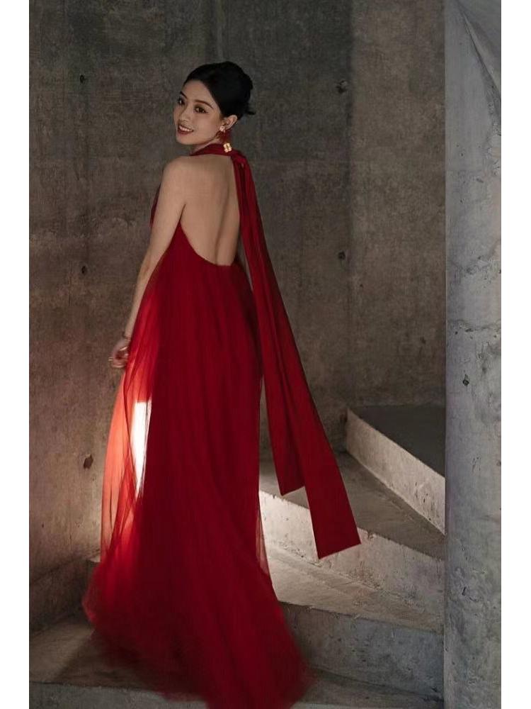 New Chinese-Style Red Backless Off-Shoulder Bridal Toast Dress with Festive Tulle