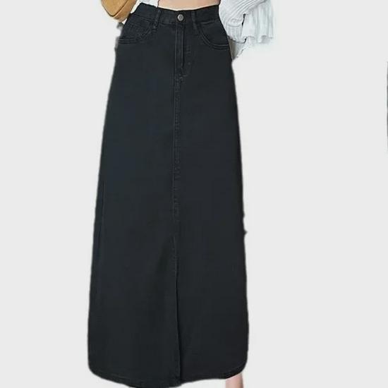 Women's Black High-Waist Slim A-Line Denim Skirt with Slit