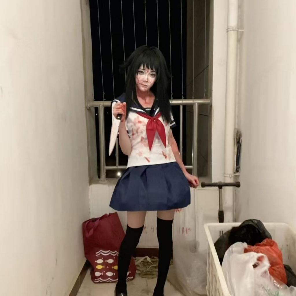 Halloween Party Girl's Navy Blue Sailor Skirt Pantyhose Loli Black Leather Shoes Yandere Simulator Ayano Aishi Cosplay Costume