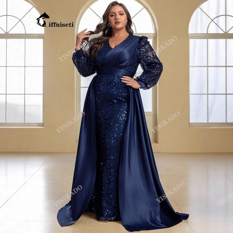 Plus-Size Ball Gown Evening Dress, Elegant and Luxurious Sequined Party Cape, V-Neck Long-Sleeve Dress, Birthday Gown, Long Dress