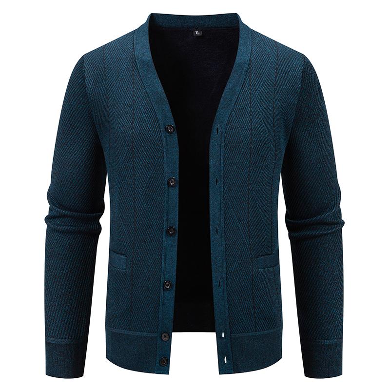 2025 Autumn Men Slim Fit Knit Sweatercoat Men Solid Color Fleece Knitted Cardigan Men Casual V-Neck Sweater Warm Outerwear