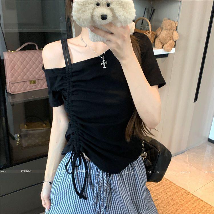 Plus Size Women's Off-the-Shoulder Slimming Drawstring Short-Sleeve Top