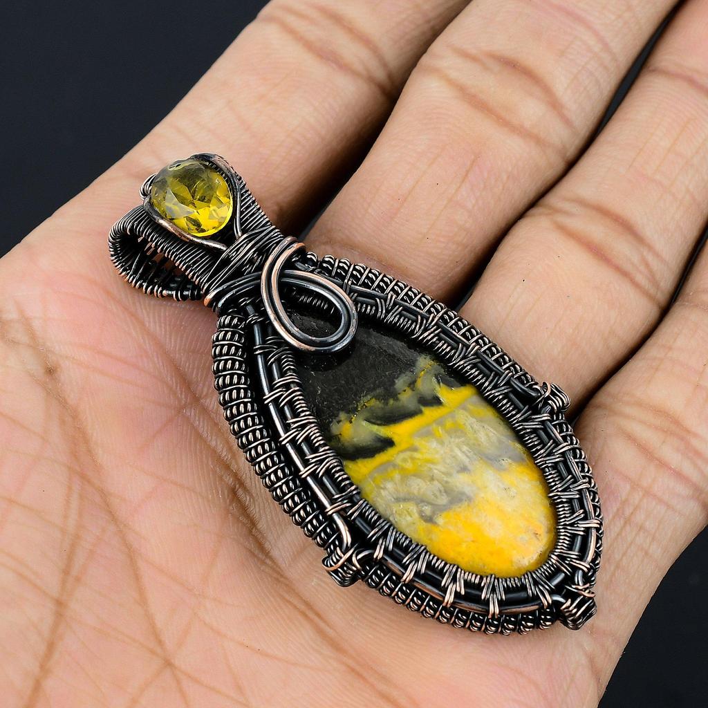 Bumblebee Jasper Pendant, 999 Copper Wire Wrapped Gemstone Jewelry, Handmade Pendant, For Mother Day